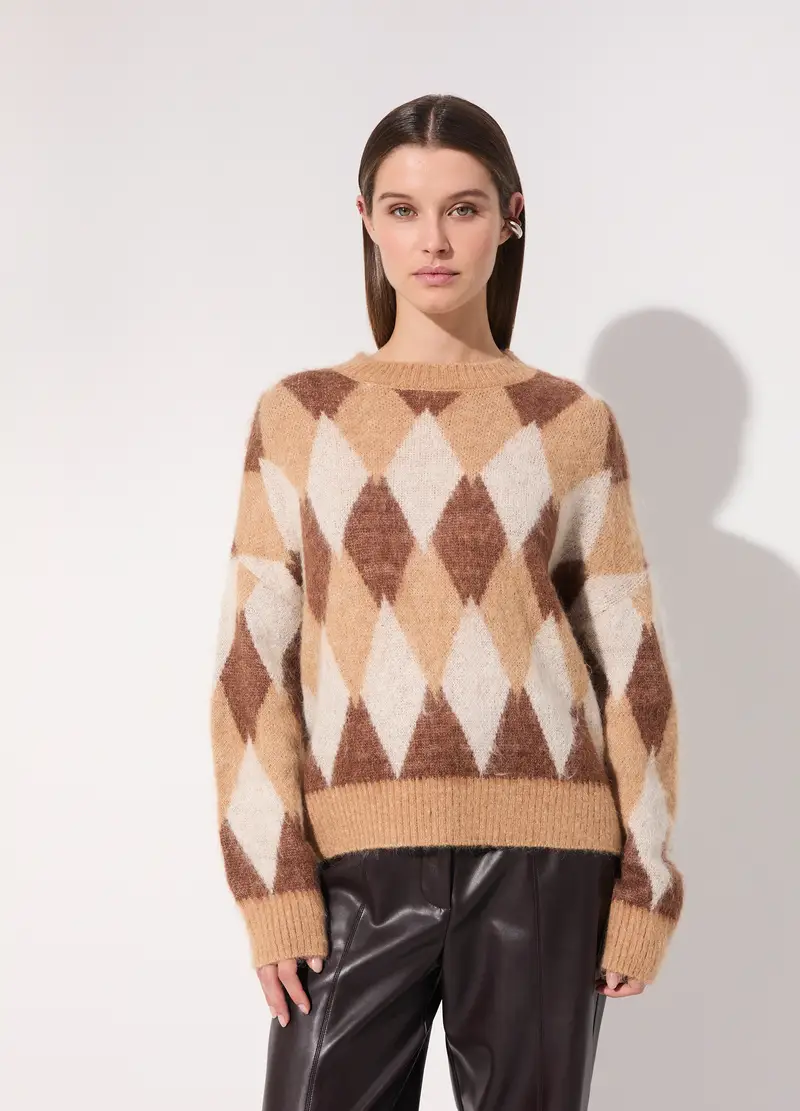 Maglione A Rombi Misto Mohair Donna, Unisex, Beige miniatura 2