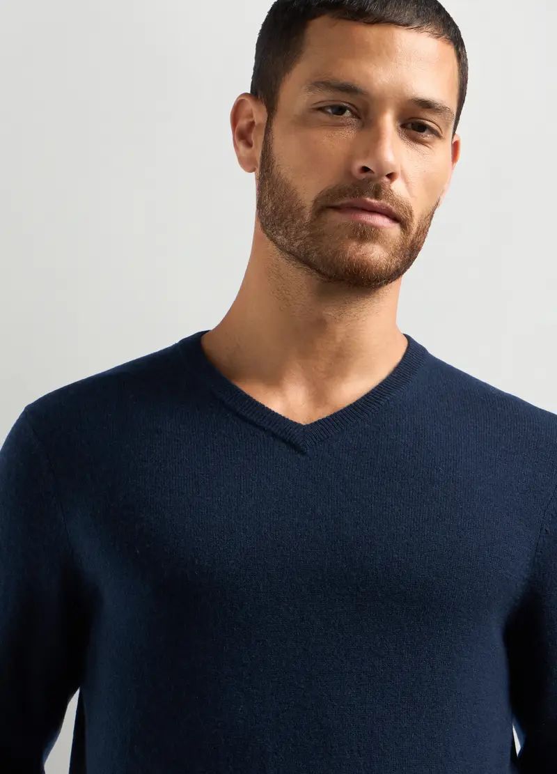 Maglione Collo A V In Puro Cashmere Uomo, Blu navy miniatura 3