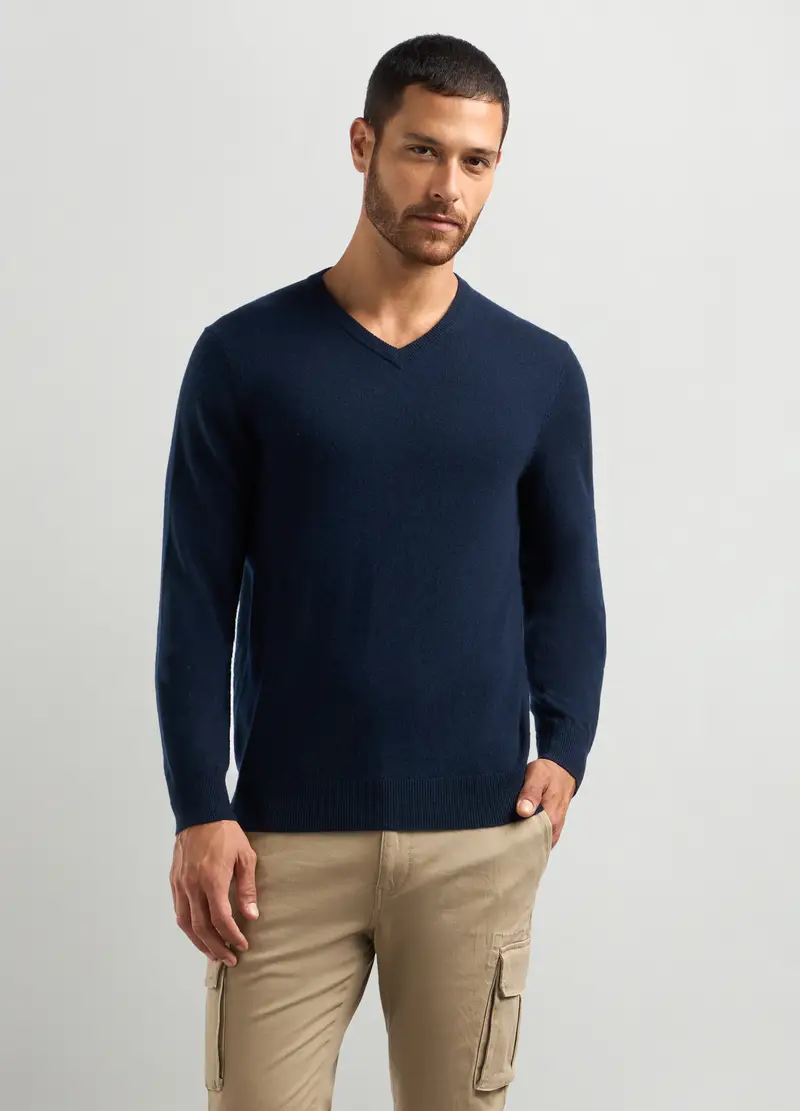 Maglione Collo A V In Puro Cashmere Uomo, Blu navy