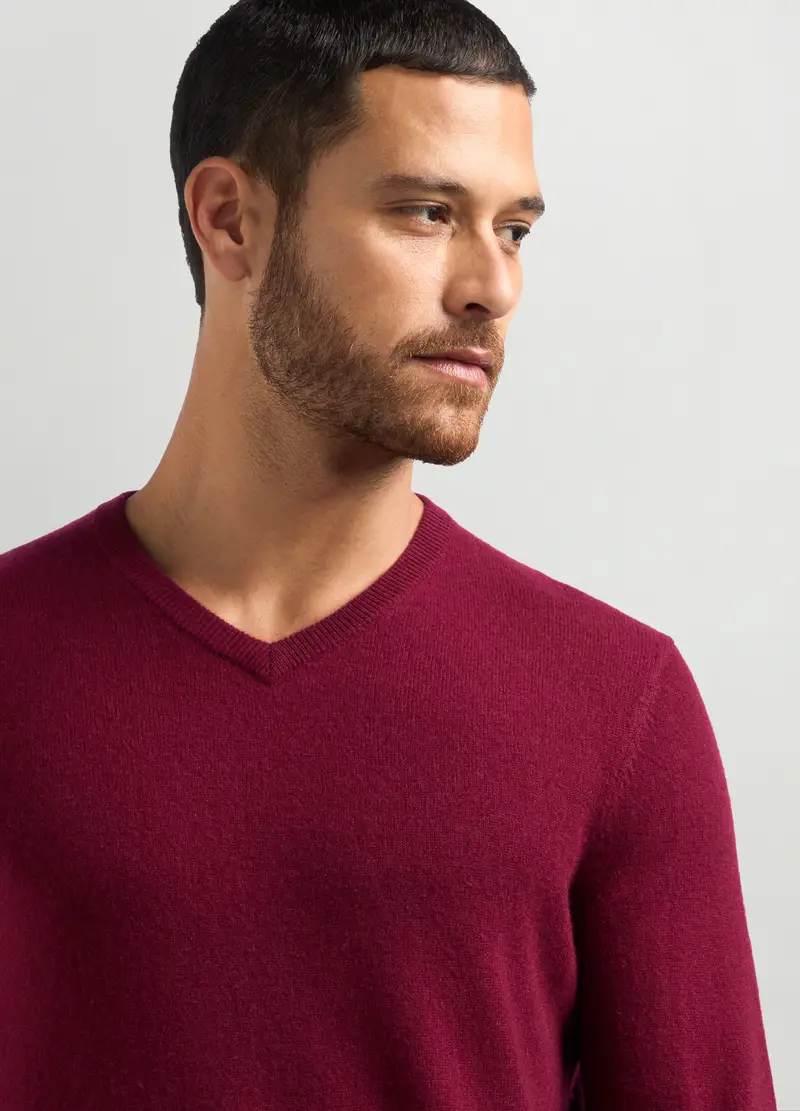 Maglione Collo A V In Puro Cashmere Uomo, Rosso burgundy miniatura 3