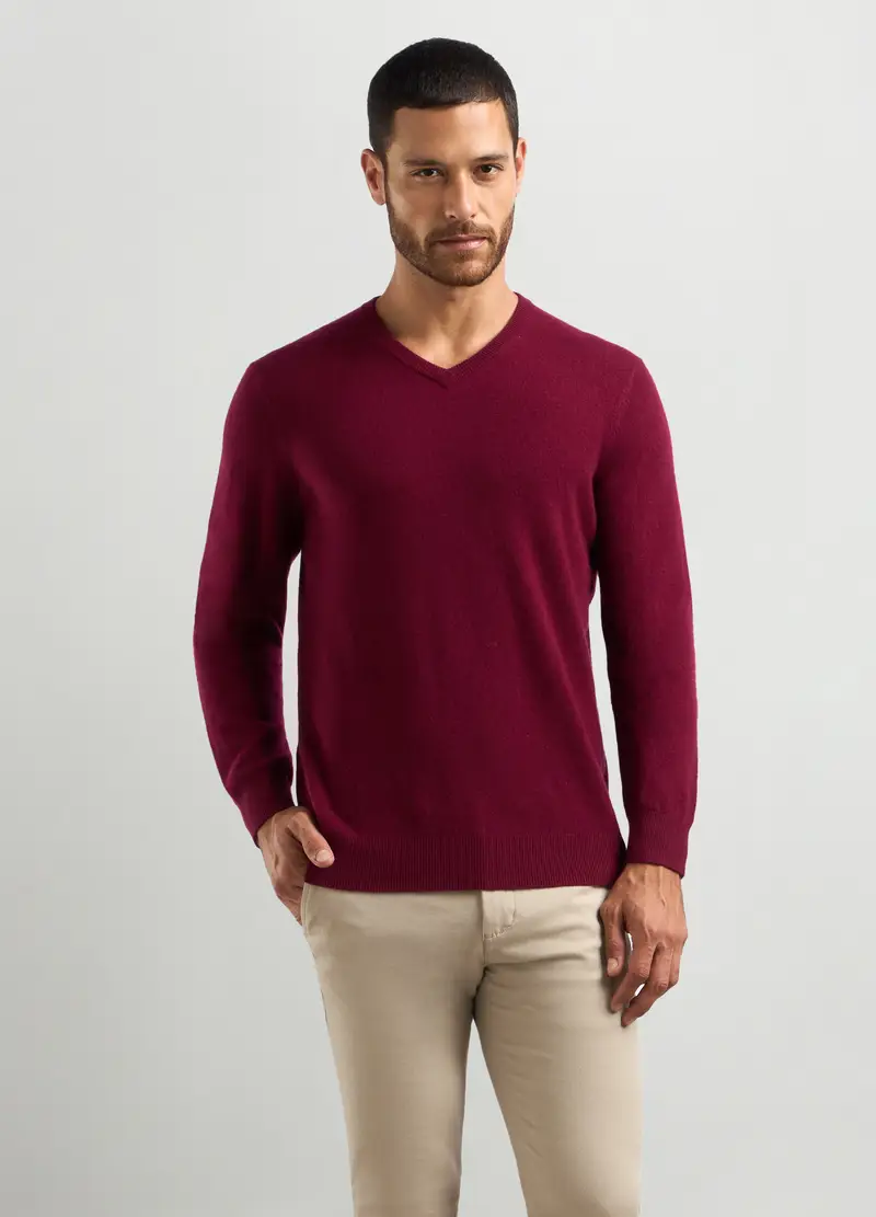 Maglione Collo A V In Puro Cashmere Uomo, Rosso burgundy