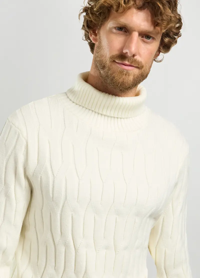 Maglione Collo Alto A Trecce Uomo, Bianco panna miniatura 3
