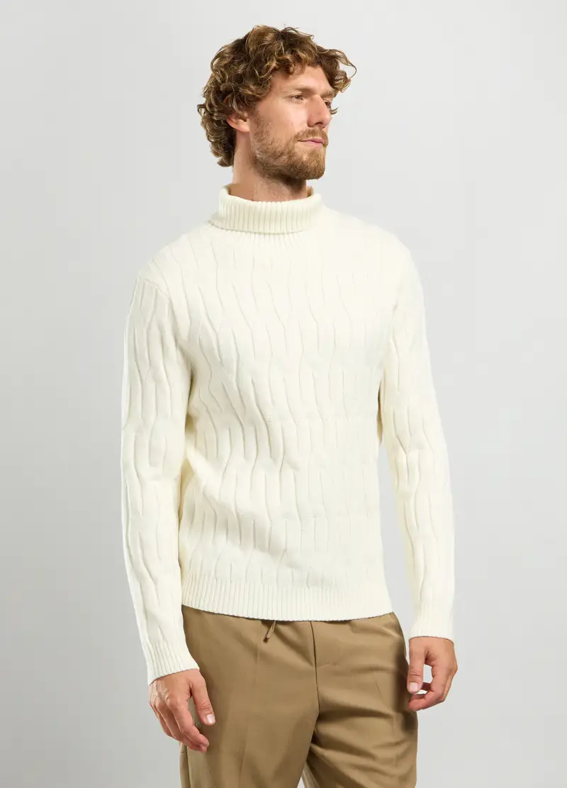 Maglione Collo Alto A Trecce Uomo, Bianco panna