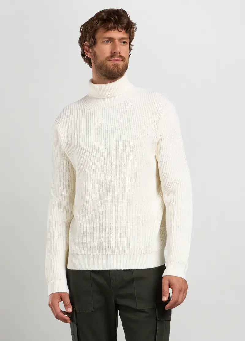 Maglione Collo Alto Costa Inglese Uomo, Bianco