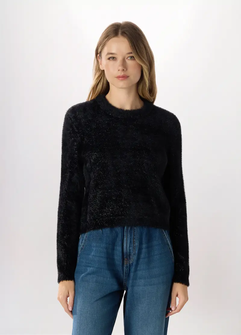 Maglione Fluffy Con Filo Lurex Donna, Nero