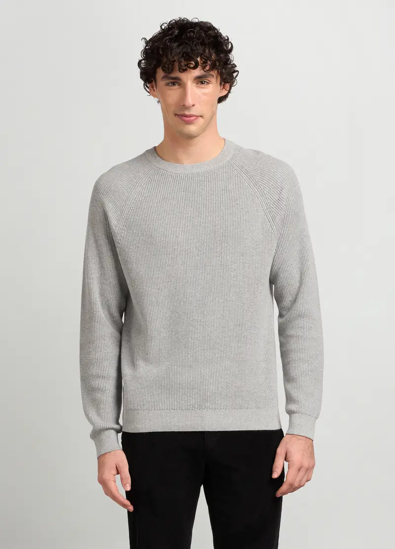 Maglione Girocollo A Costa Inglese In Puro Cotone Uomo, Grigio chiaro