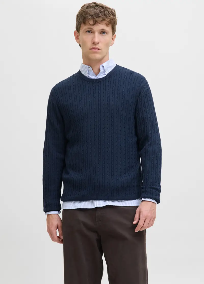 Maglione Girocollo A Trecce Uomo, Unisex, Blu navy