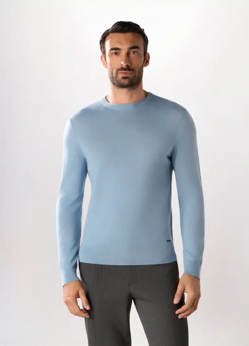 Maglione Girocollo In Lana Merino Uomo, Azzurro celeste