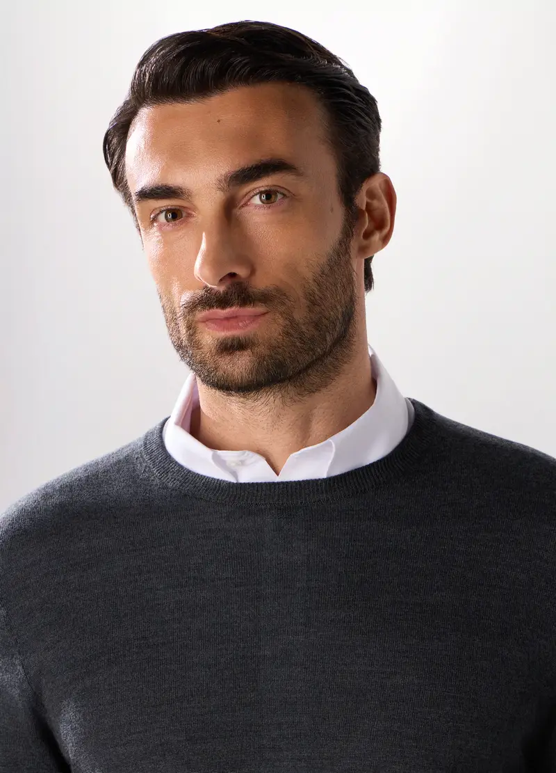 Maglione Girocollo In Lana Merino Uomo, Grigio scuro miniatura 3