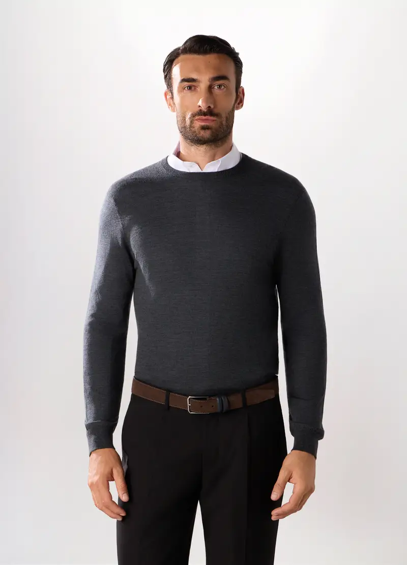 Maglione Girocollo In Lana Merino Uomo, Grigio scuro
