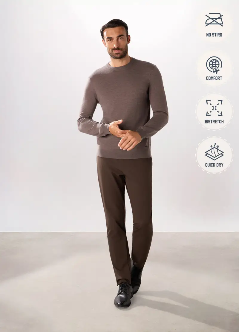 Maglione Girocollo In Lana Merino Uomo, Marrone ecru