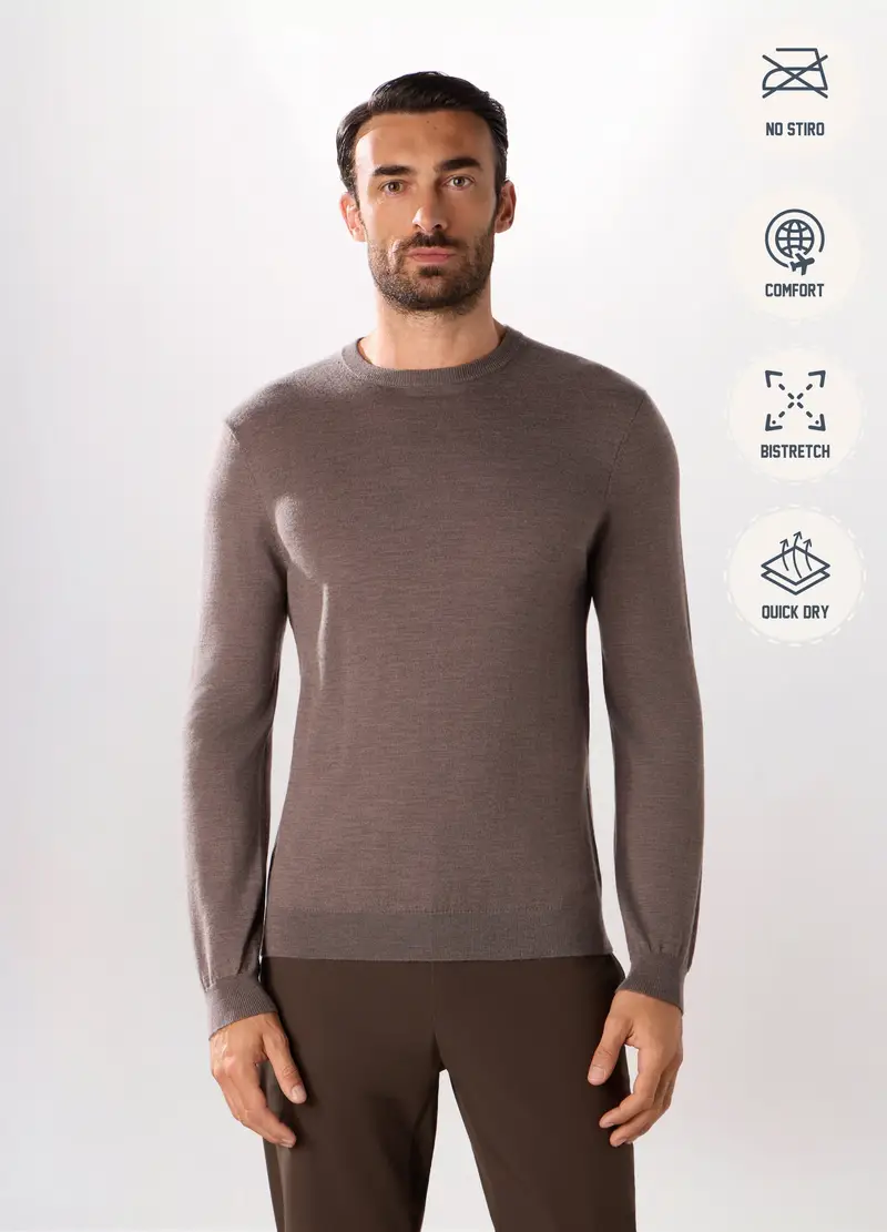 Maglione Girocollo In Lana Merino Uomo, Marrone ecru miniatura 2