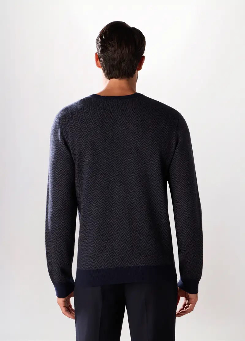 Maglione Girocollo In Misto Lana E Cashmere Chevron Uomo, Blu scuro miniatura 2