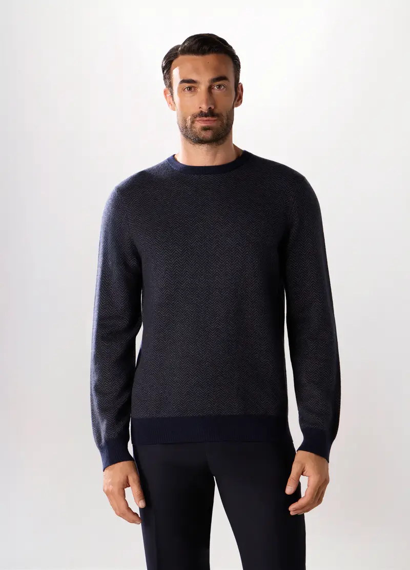 Maglione Girocollo In Misto Lana E Cashmere Chevron Uomo, Blu scuro