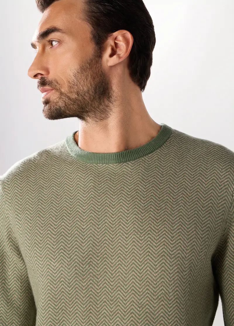 Maglione Girocollo In Misto Lana E Cashmere Chevron Uomo, Verde chiaro miniatura 3