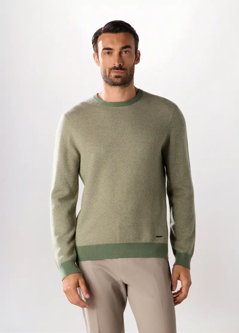 Maglione Girocollo In Misto Lana E Cashmere Chevron Uomo, Verde chiaro