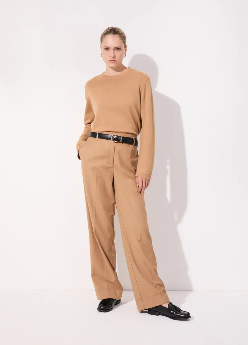 Maglione In Pura Lana A Girocollo Donna, Unisex, Beige scuro