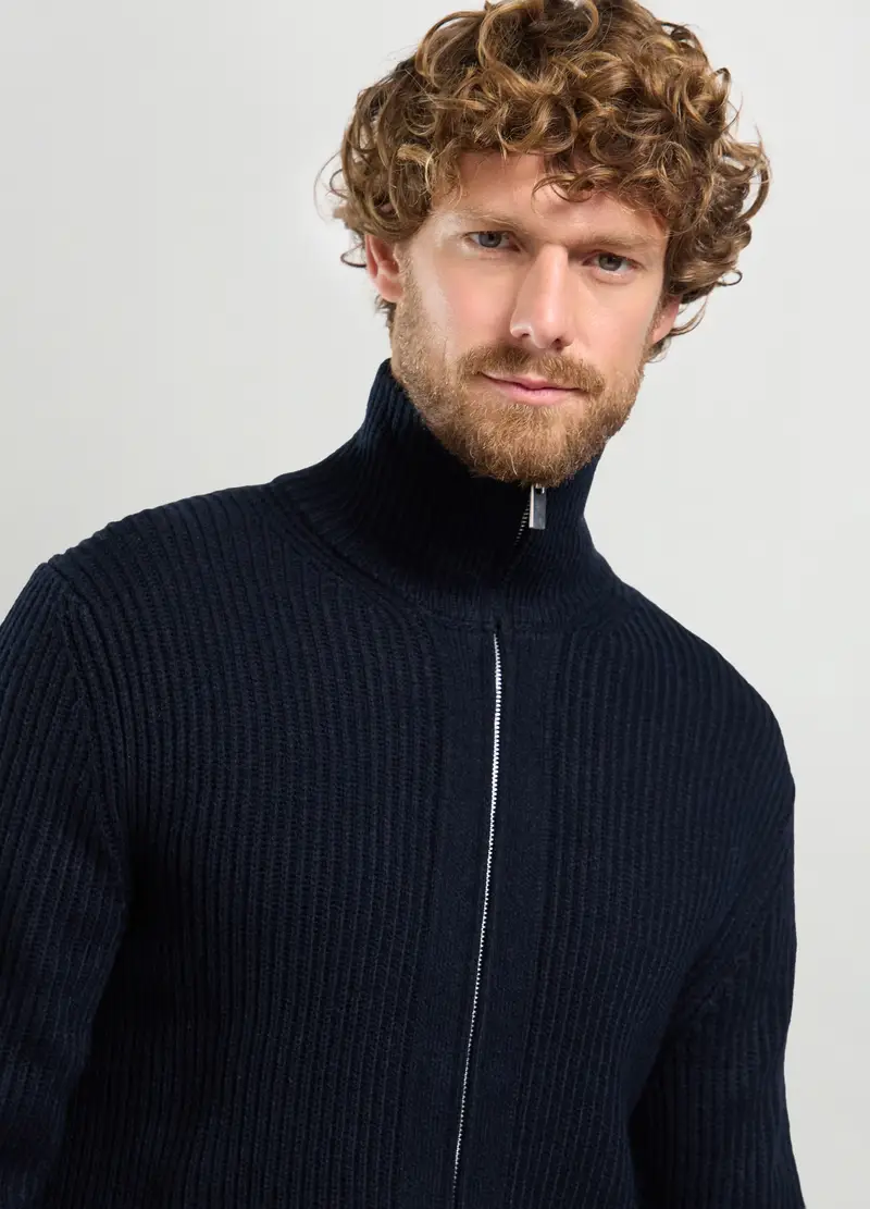 Maglione Lupetto Full Zip A Costa Inglese Uomo, Blu Notte miniatura 3