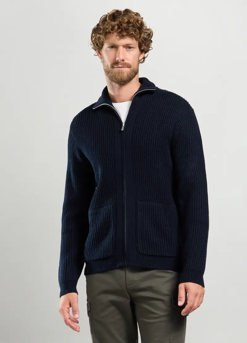 Maglione Lupetto Full Zip A Costa Inglese Uomo, Blu Notte