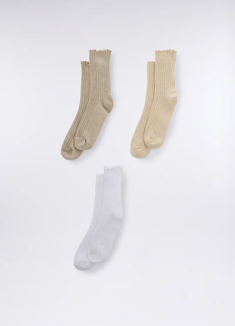 Pack 3 Calze Midi In Costina Misto Cotone Donna, Beige