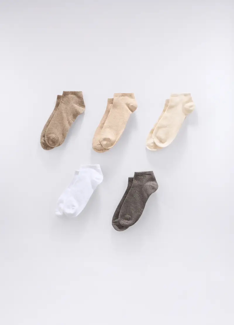 Pack 5 Calze Corte Misto Cotone Stretch Donna, Bianco/Beige
