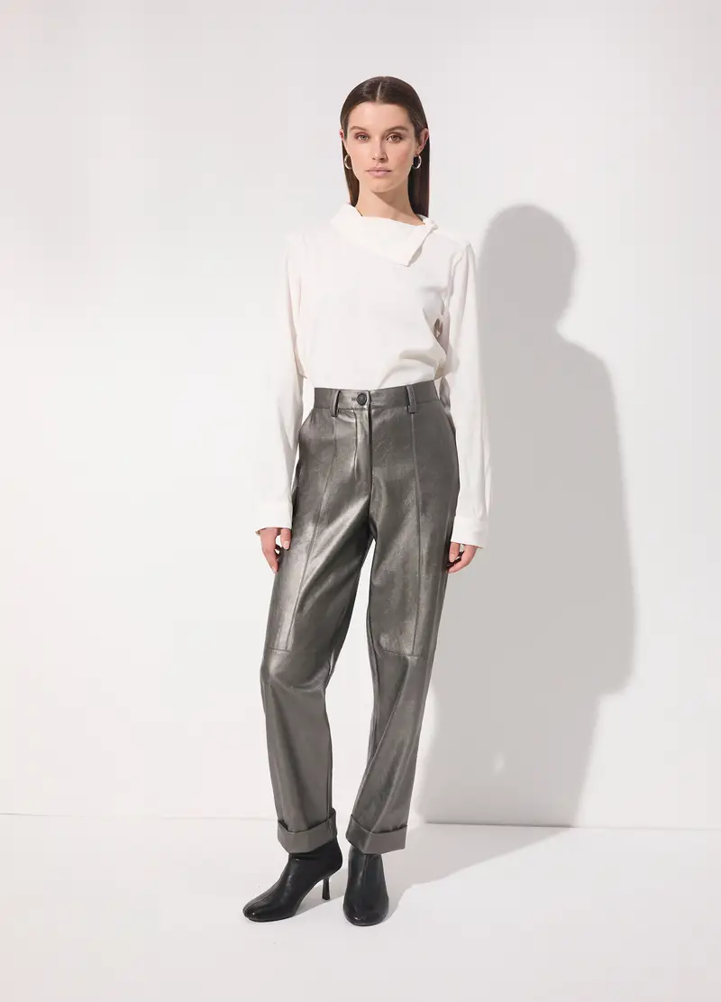 Pantalone A Sigaretta In Ecopelle Donna, Unisex, Grigio argento