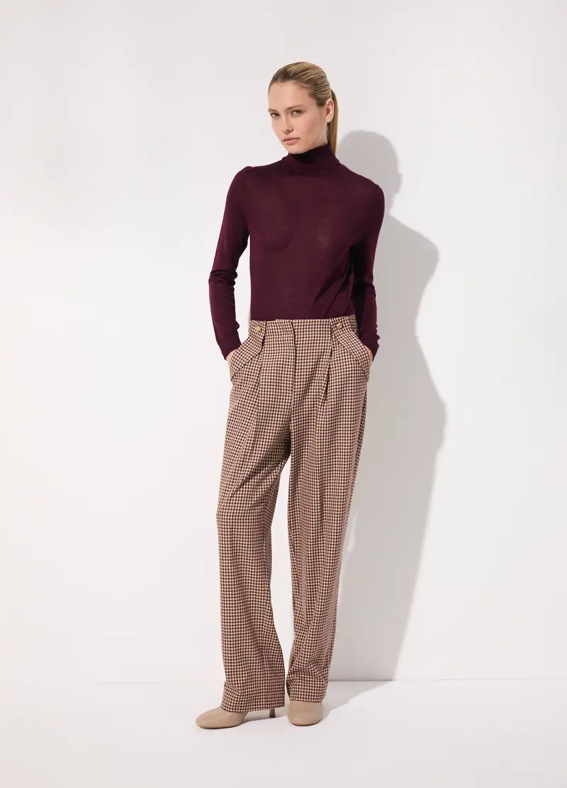 Pantalone A Vita Alta A Quadretti Donna, Unisex, Marrone chiaro