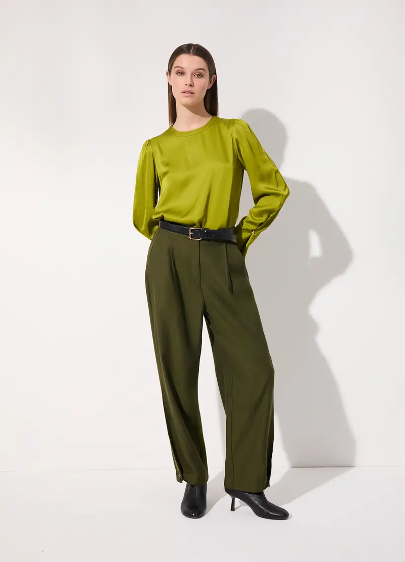 Pantalone Carrot In Misto Lana Spinata Donna, Unisex, Verde militare