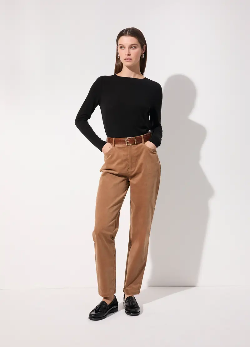 Pantalone Dritto In Costina Di Velluto Stretch Donna, Unisex, Marrone antilope