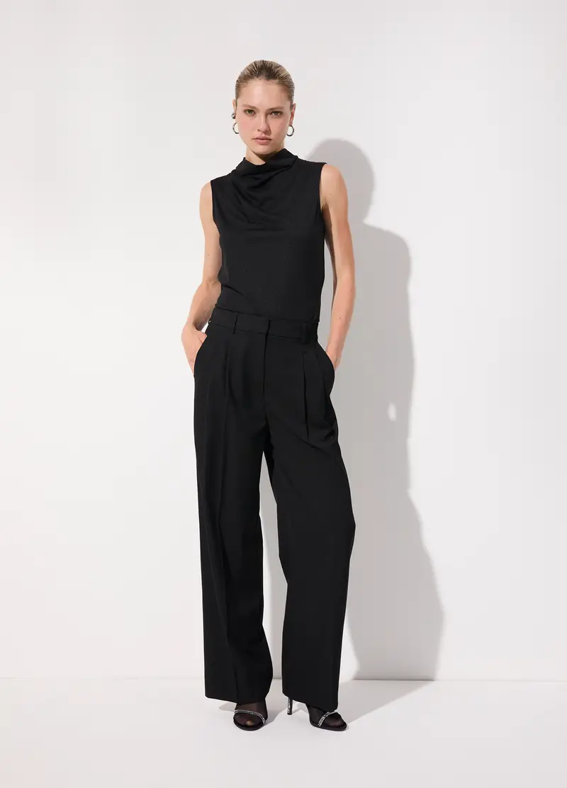 Pantalone Dritto In Misto Lana Stretch Donna, Unisex, Nero