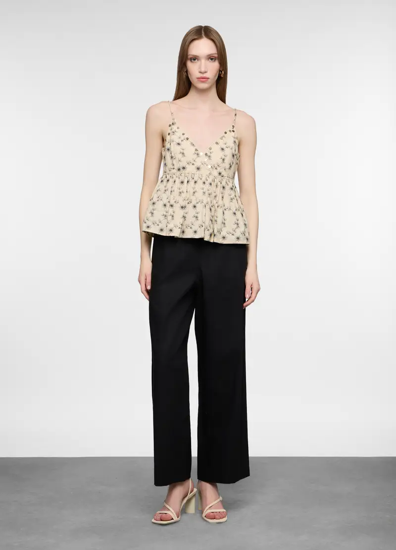 Pantalone Fit Relaxed In Cotone Misto Lino Donna, Nero