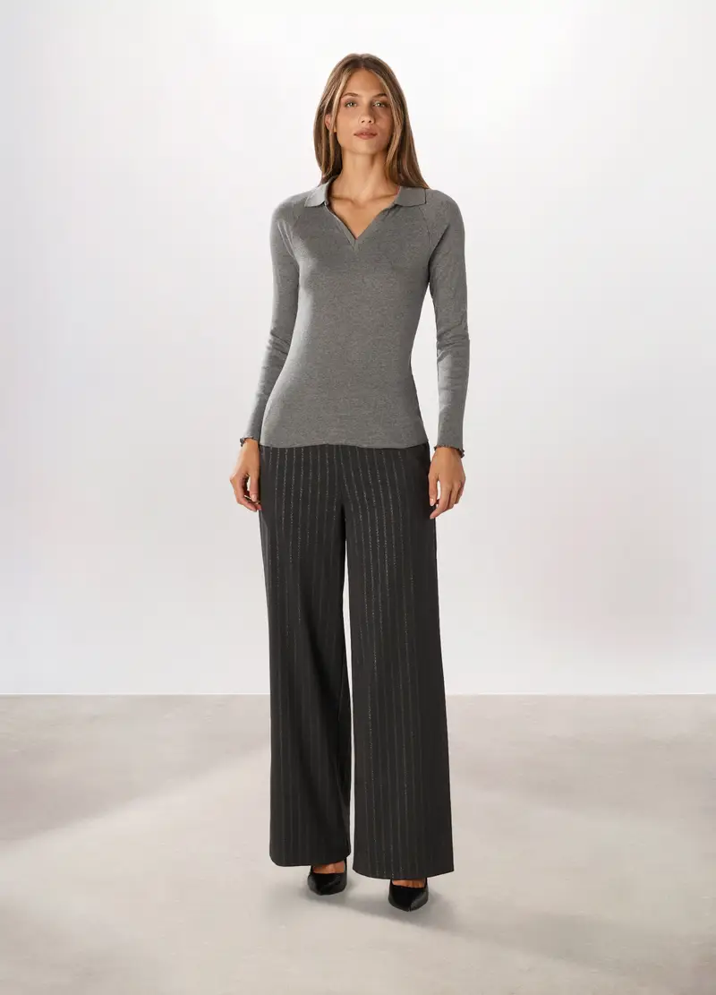 Pantalone Gessato Wide Leg Donna, Grigio scuro