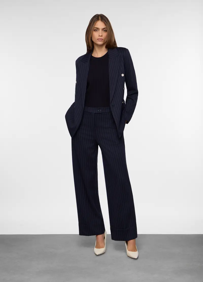 Pantalone Gessato Wide Leg Misto Viscosa Donna, Blu navy