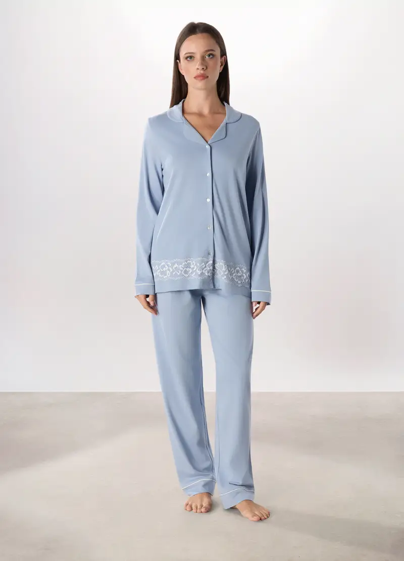 Pantalone Lungo Pigiama In Cotone Donna, Azzurro carta da zucchero
