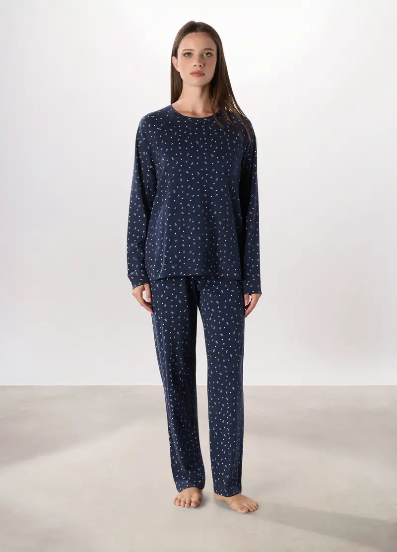 Pantalone Lungo Pigiama In Cotone Donna, Blu scuro