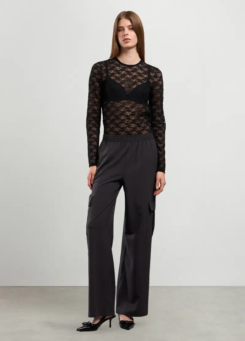 Pantalone Misto Viscosa Con Tasche Donna, Nero