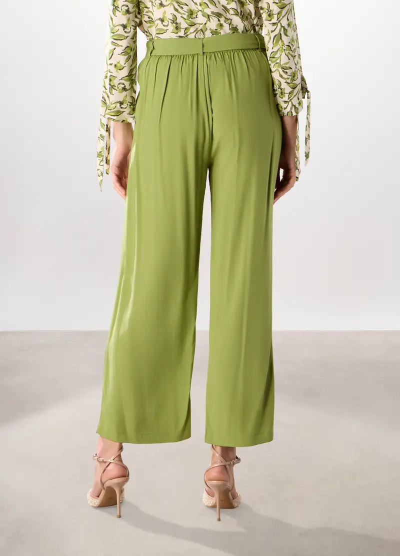 Pantalone Palazzo A Pieghe In Pura Viscosa Donna, Verde lime miniatura 2