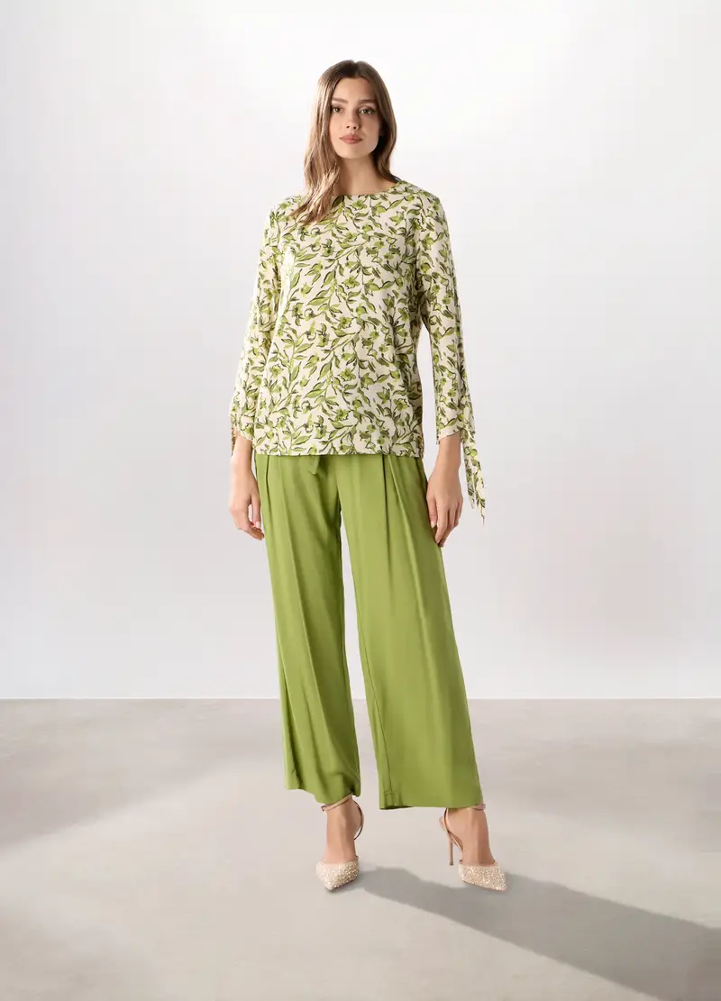 Pantalone Palazzo A Pieghe In Pura Viscosa Donna, Verde lime