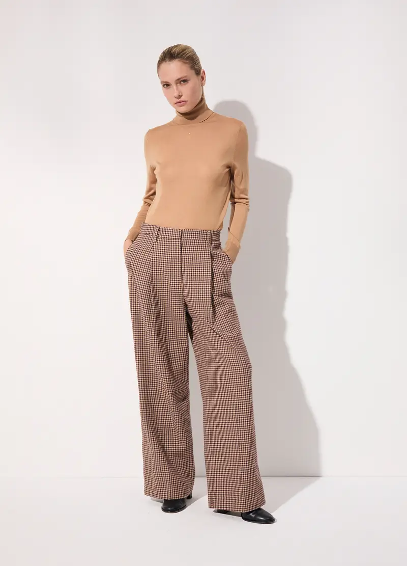 Pantalone Palazzo A Quadri In Misto Lana Donna, Unisex, Marrone