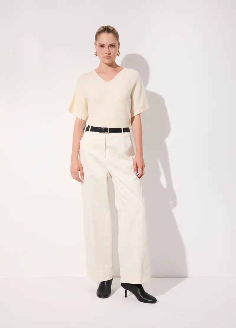 Pantalone Palazzo In Gabardine Di Puro Cotone Donna, Unisex, Bianco