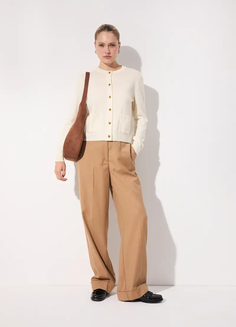 Pantalone Palazzo In Misto Lana E Viscosa Donna, Unisex, Beige scuro