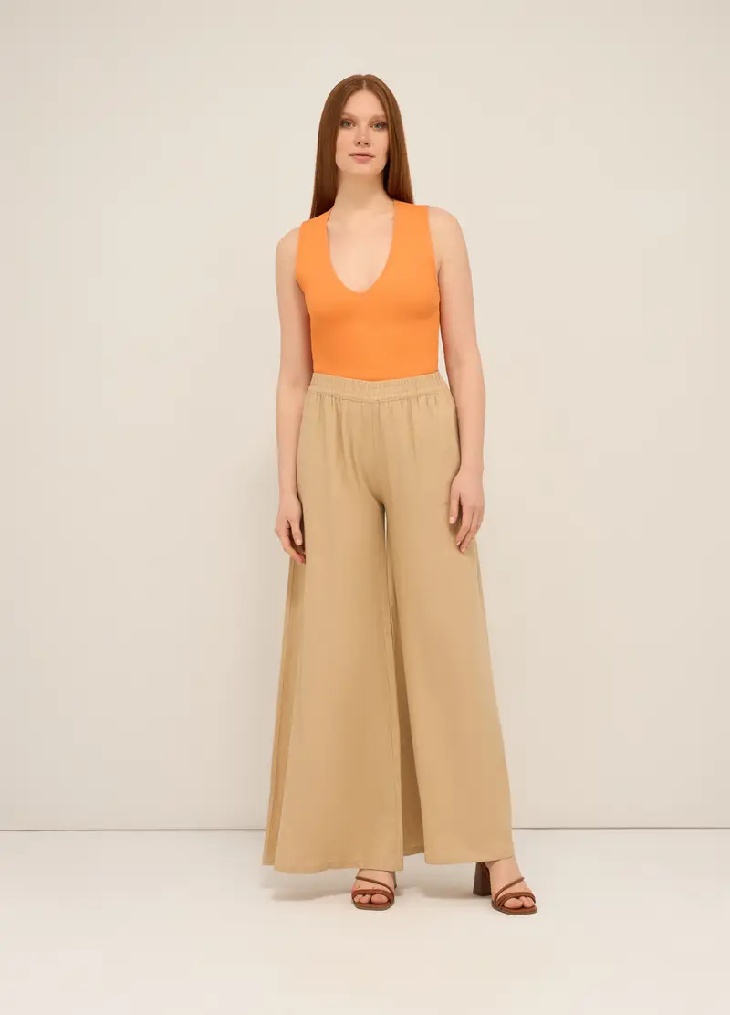 Pantalone Palazzo In Misto Lino Donna, Beige chiaro
