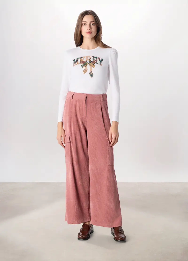 Pantalone Palazzo In Velluto A Coste Donna, Rosa pastello