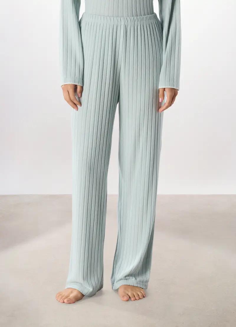 Pantalone Pigiama Lungo A Coste Donna, Azzurro scuro miniatura 2