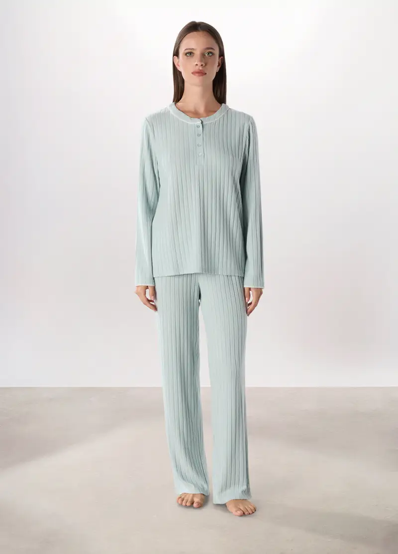 Pantalone Pigiama Lungo A Coste Donna, Azzurro scuro