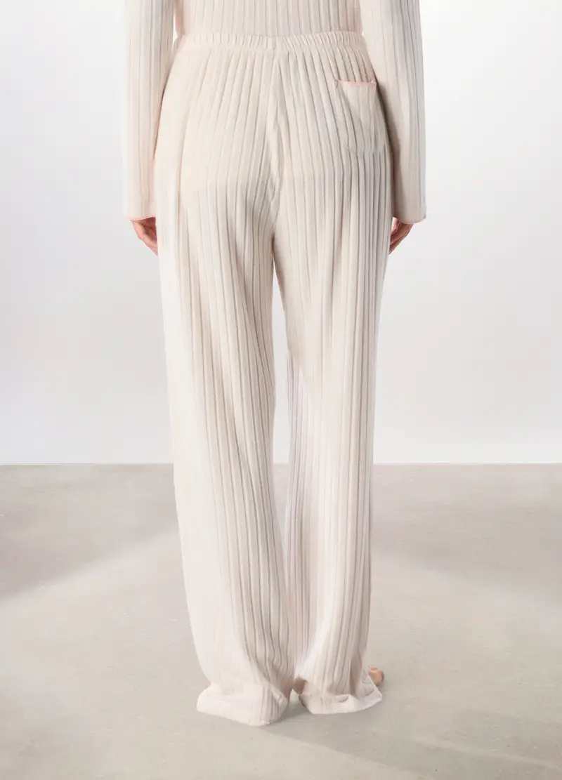 Pantalone Pigiama Lungo A Coste Donna, Bianco panna miniatura 3