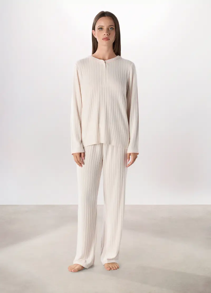 Pantalone Pigiama Lungo A Coste Donna, Bianco panna