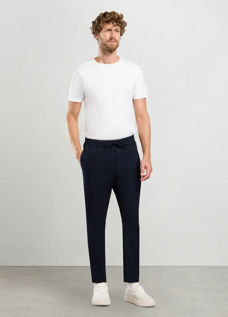 Pantalone Slim Fit Elasticato In Vita Con Coulisse Uomo, Blu Notte