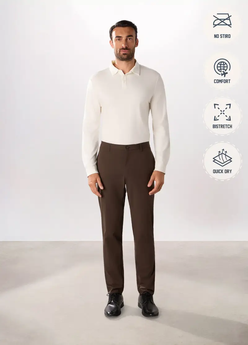 Pantalone Slim In Tessuto Stretch Uomo, Marrone fango miniatura 2