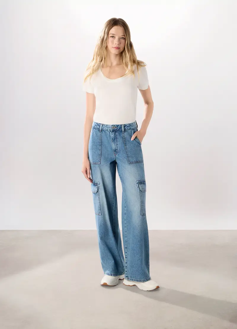 Pantaloni Cargo Wide Leg In Denim Di Puro Cotone Donna, Azzurro chiaro